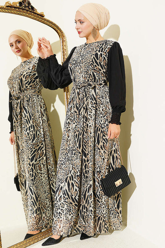 Robe À Manches Banded Avec Motif Léopard