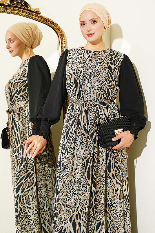 Robe À Manches Banded Avec Motif Léopard