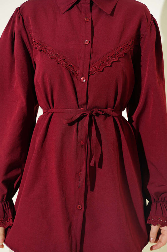 Bluse mit Spitzenbesatz und elastischem Handgelenk, Bordeaux
