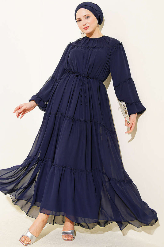Ärmelloses mehrlagiges Chiffonkleid mit elastischem Bund, Marineblau