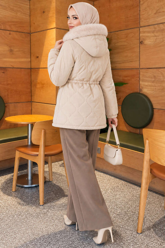 Beige Fur-Trimmed Jacket With Elasticated Cuffs
