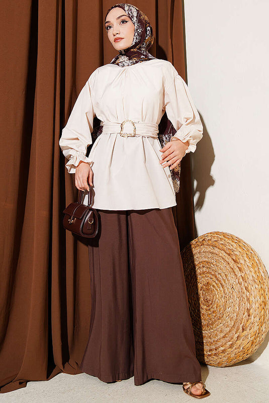 Beige Poplin Tunic with Wrist Elastic and Belt