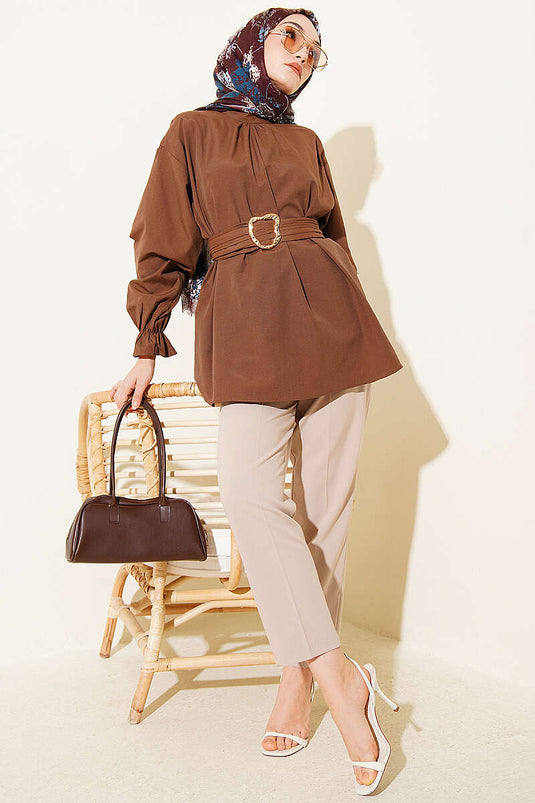 Poplin Tunic with Wrist Elastic and Belt Brown