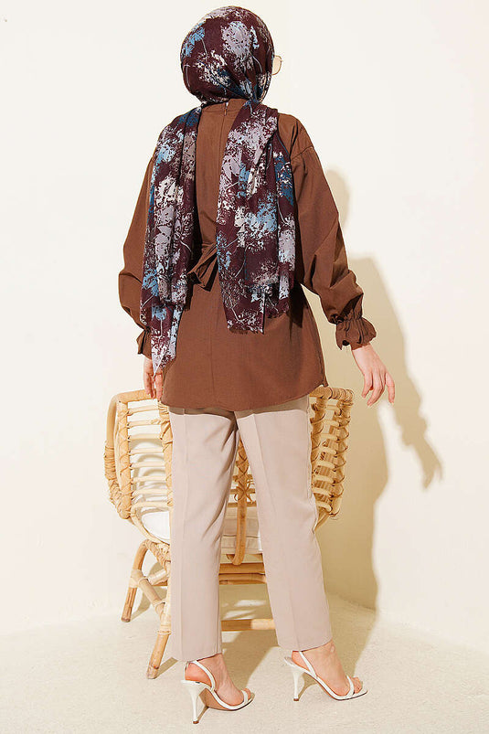 Poplin Tunic with Wrist Elastic and Belt Brown