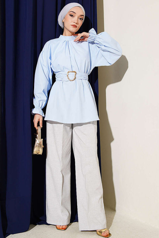 Poplin Tunic with Wrist Elastic and Belt Blue