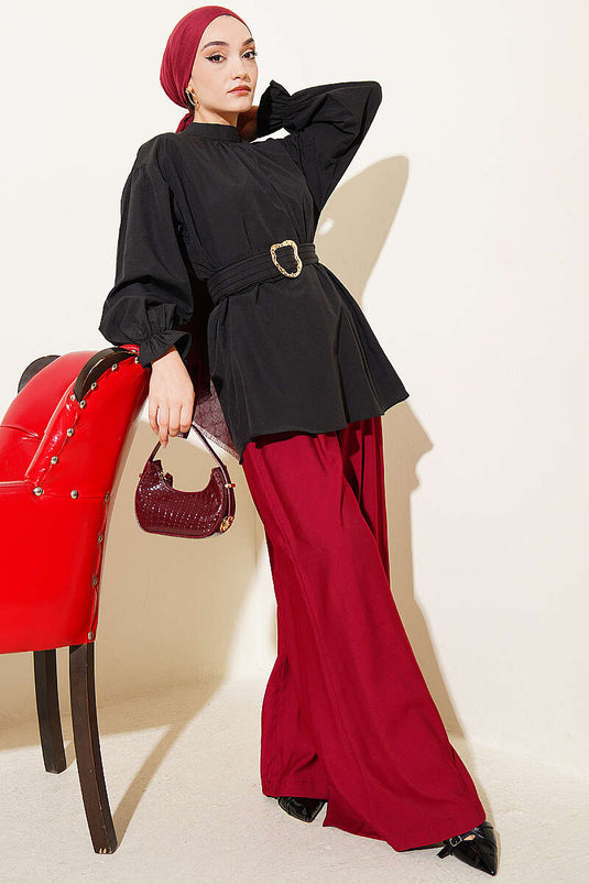 Black Poplin Tunic with Wrist Elastic and Belt
