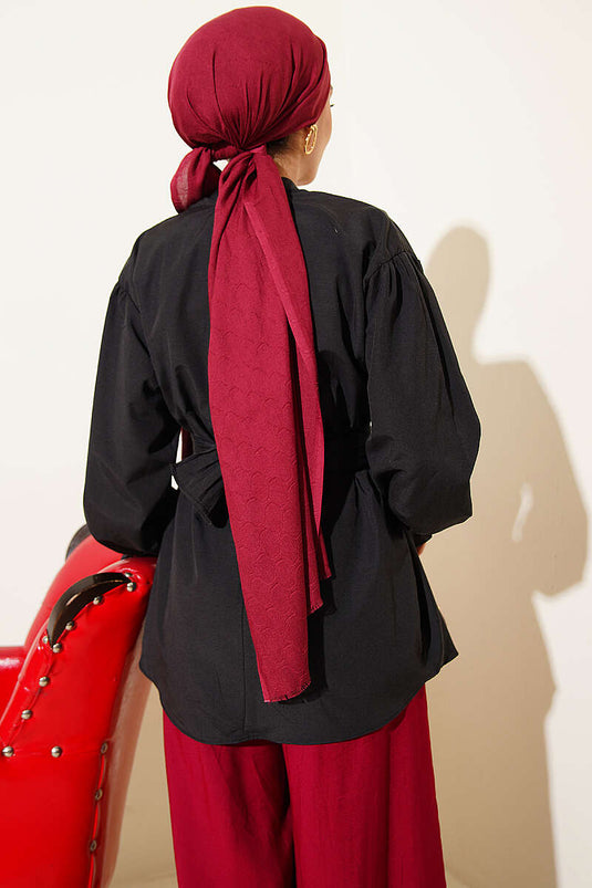 Black Poplin Tunic with Wrist Elastic and Belt