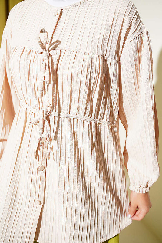 Camisa Beige Con Frontal Elástico Y Lazo