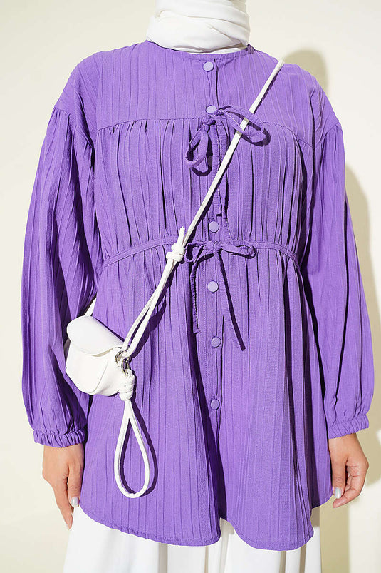Lilac Sleeve-Elastic Front Tie Shirt