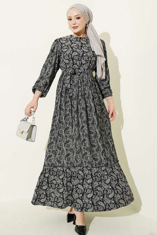 Robe Longue Ajustée À Motifs Gris Fumée