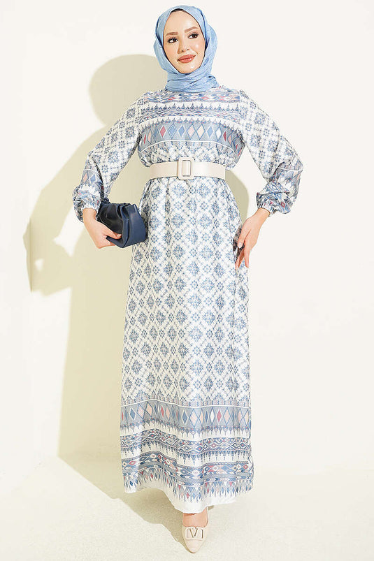 Blue Ethnic Patterned Dress With Elasticated Cuffs