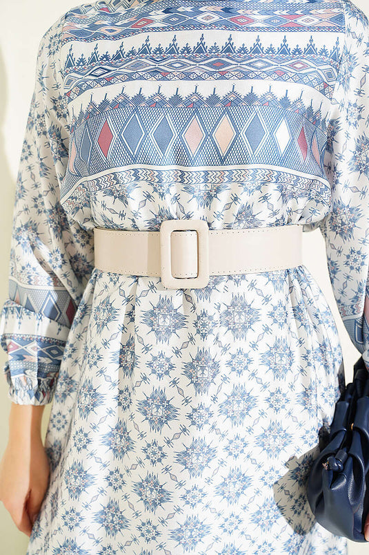 Blue Ethnic Patterned Dress With Elasticated Cuffs