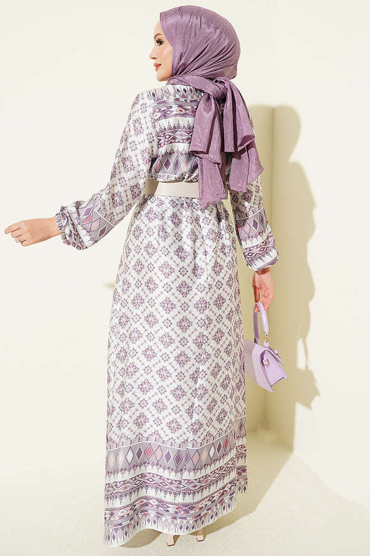 Lila Ethnisch Gemustertes Kleid Mit Elastischer Taille