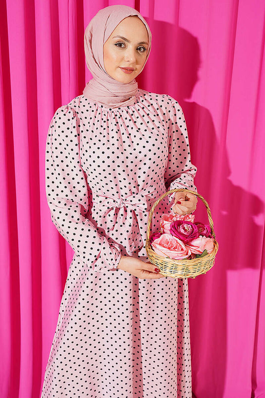 Robe ceinturée à pois avec manchettes élastiques rose