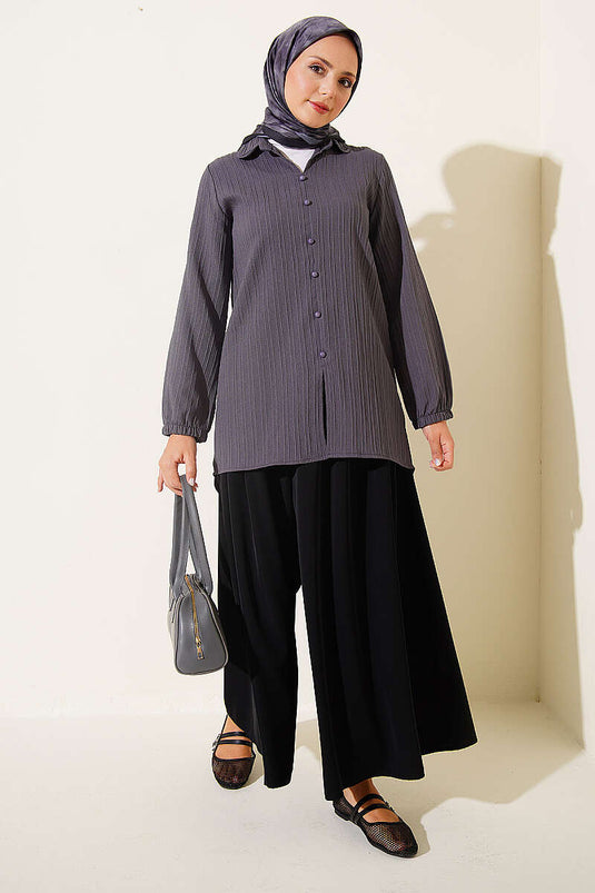 Fitted Cuffed Top With Buttoned Shirt In Smoke Grey