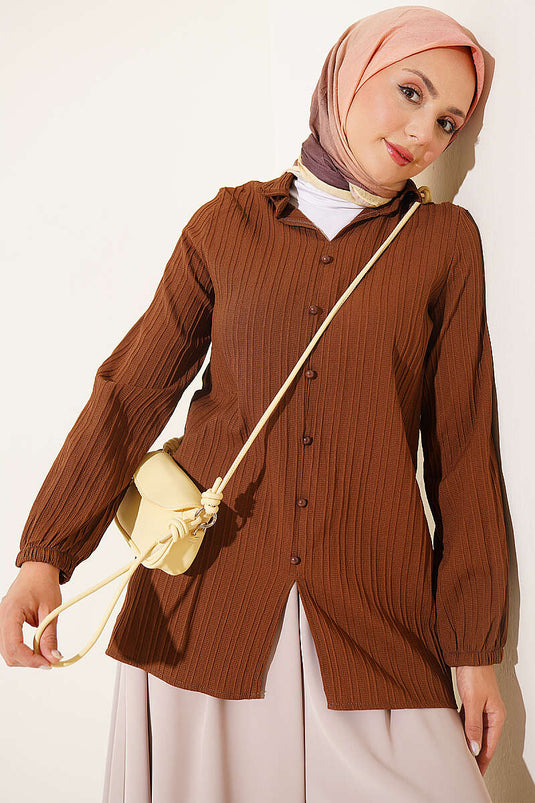 Brown Sleeve-Elastic Top With Buttoned Shirt