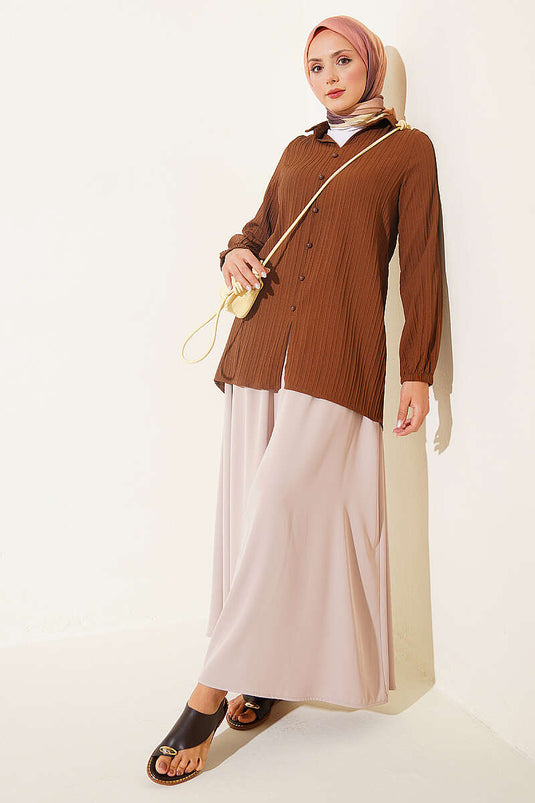 Brown Sleeve-Elastic Top With Buttoned Shirt