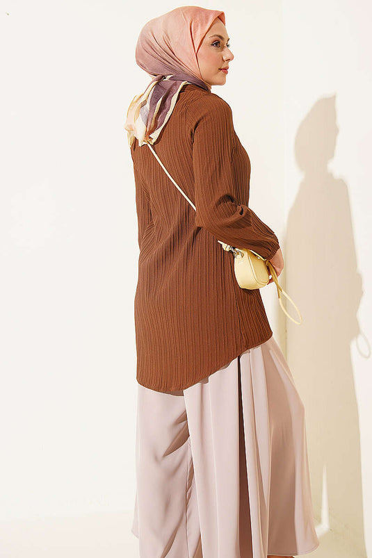 Brown Sleeve-Elastic Top With Buttoned Shirt