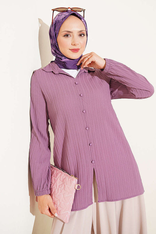 Lilac Sleeve-Elastic Top With Buttoned Shirt