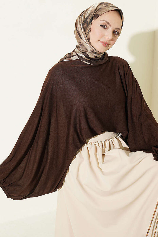 Kaffeeribbed Batwing-Ärmeln Bluse Mit Bündchen
