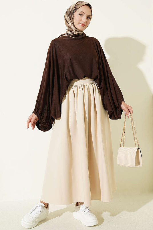 Kaffeeribbed Batwing-Ärmeln Bluse Mit Bündchen