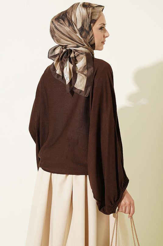 Kaffeeribbed Batwing-Ärmeln Bluse Mit Bündchen