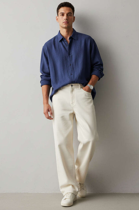 قميص رجالي بتفاصيل عند الكاحل، أزرق داكن