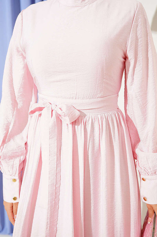 Bilek Manşetli Kuşaklı Kloş Elbise Pembe