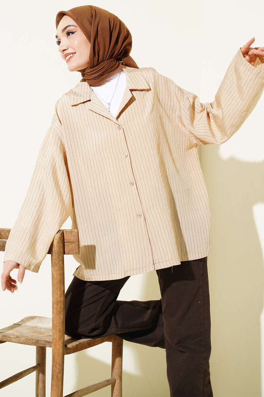 Beige Thin Striped Shirt Without Cuffs