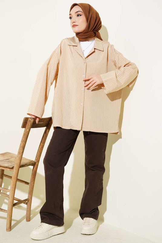 Beige Thin Striped Shirt Without Cuffs