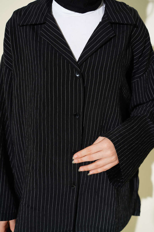Black Thin Striped Shirt Without Cuff