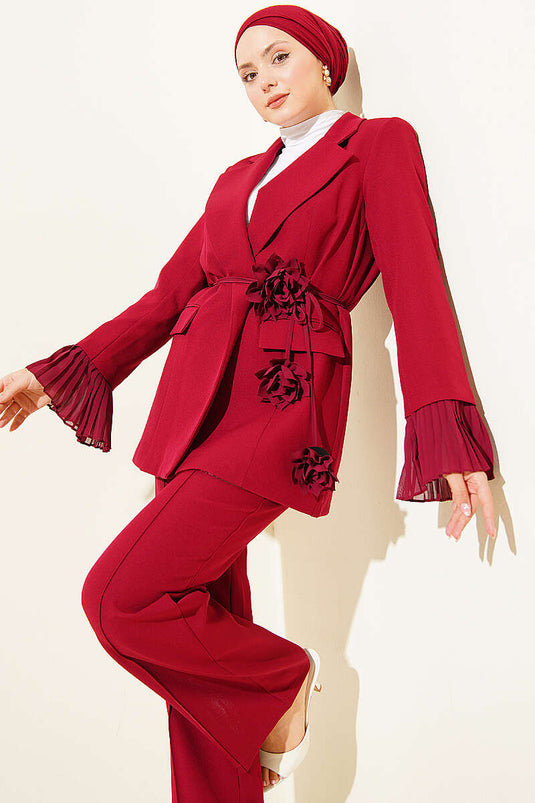 Bilek Pileli Çiçek Broşlu Blazer Takım Bordo