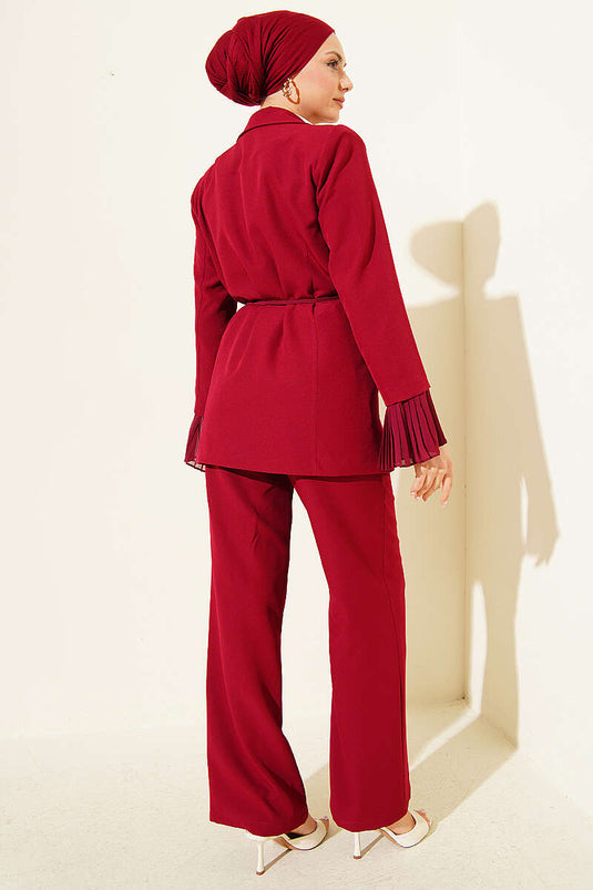Bilek Pileli Çiçek Broşlu Blazer Takım Bordo
