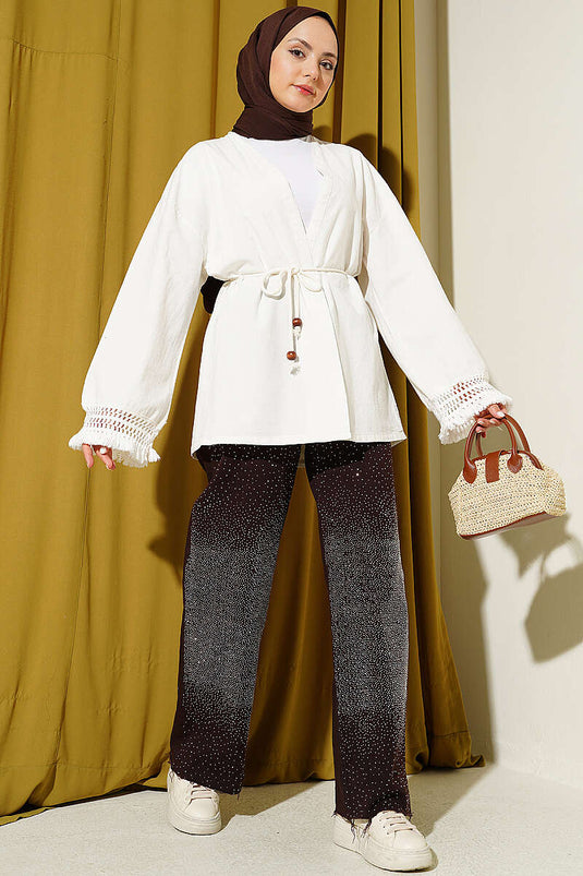 Kimono en lin écru avec franges aux poignets