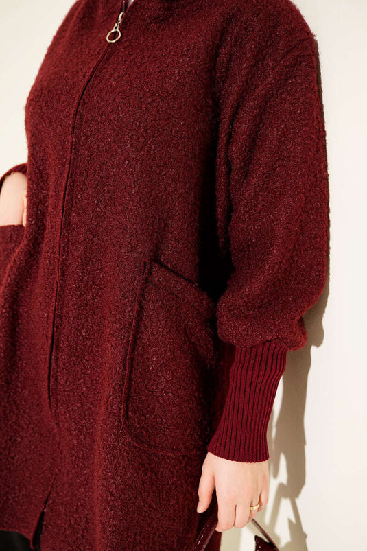 Boucle Cardigan with Ribbed Ankles and Zip-Up, Burgundy