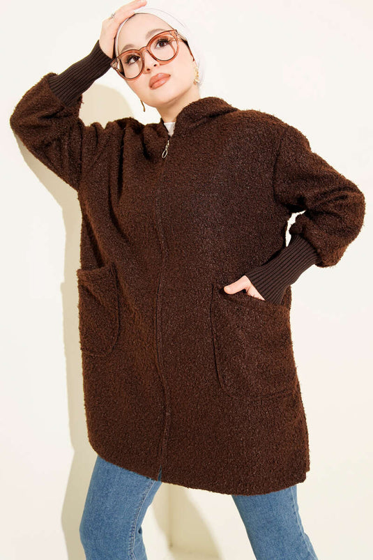 Boucle Cardigan with Ankle Rib and Zip-Up Closure, Brown