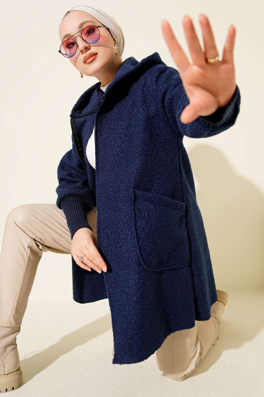 Navy Blue Boucle Cardigan with Ribbed Ankles and Zipper