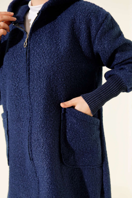 Navy Blue Boucle Cardigan with Ribbed Ankles and Zipper
