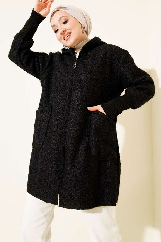 Black Bouclé Cardigan with Ribbed Ankles and Zipper