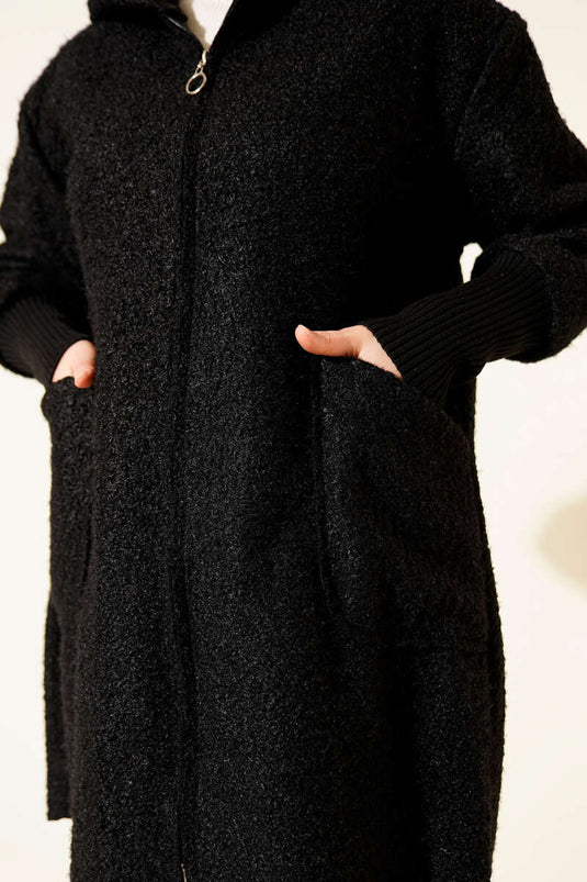 Black Bouclé Cardigan with Ribbed Ankles and Zipper