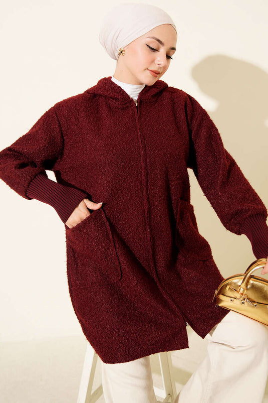 كارديجان بقلنسوة مضلع حتى الكاحل، لون عنابي