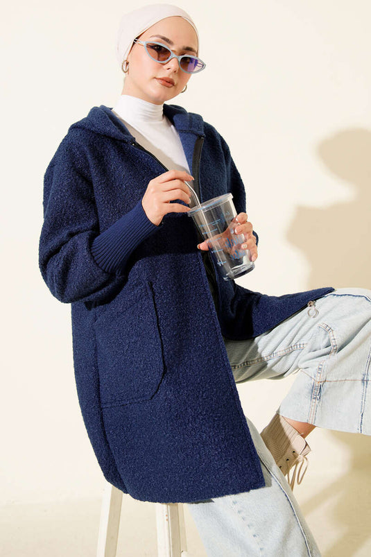 Ankle Ribbed Hooded Boucle Cardigan Navy Blue