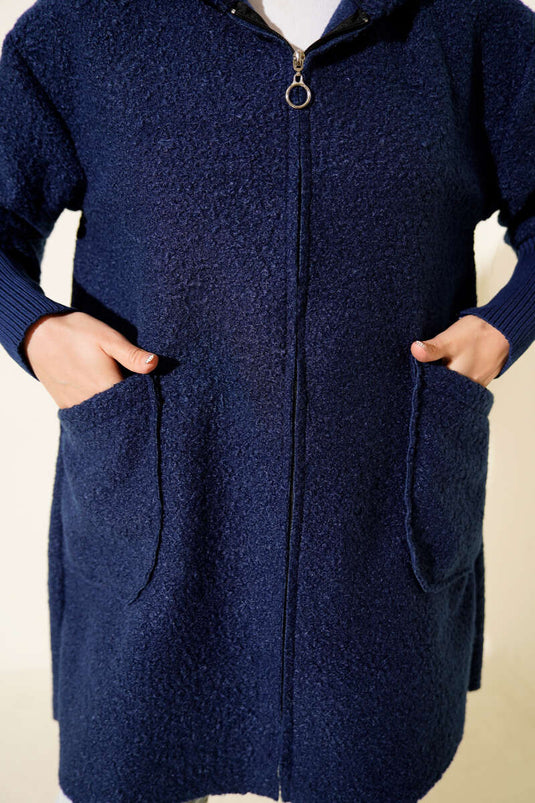 Ankle Ribbed Hooded Boucle Cardigan Navy Blue