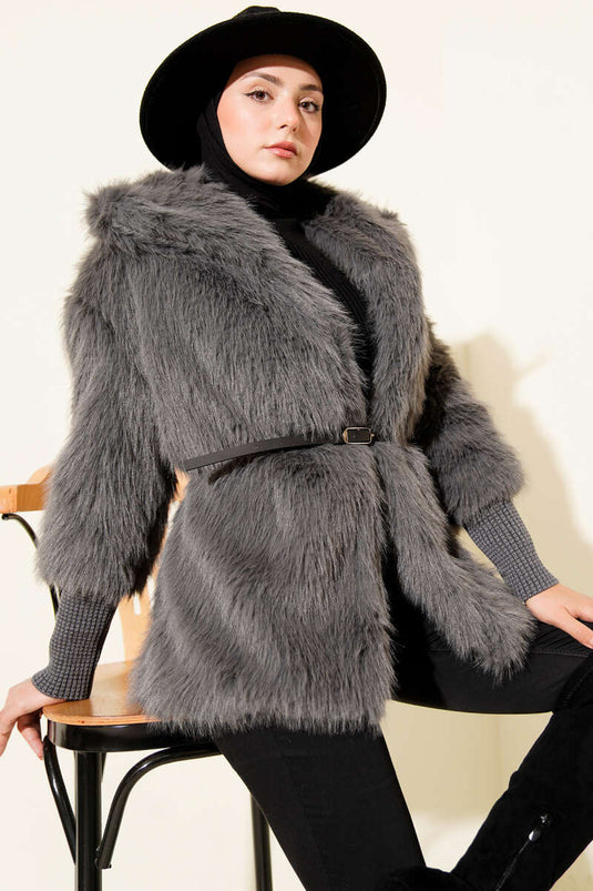 معطف فرو مع ضلع الكاحل باللون الدخاني