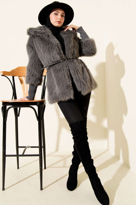 معطف فرو مع ضلع الكاحل باللون الدخاني