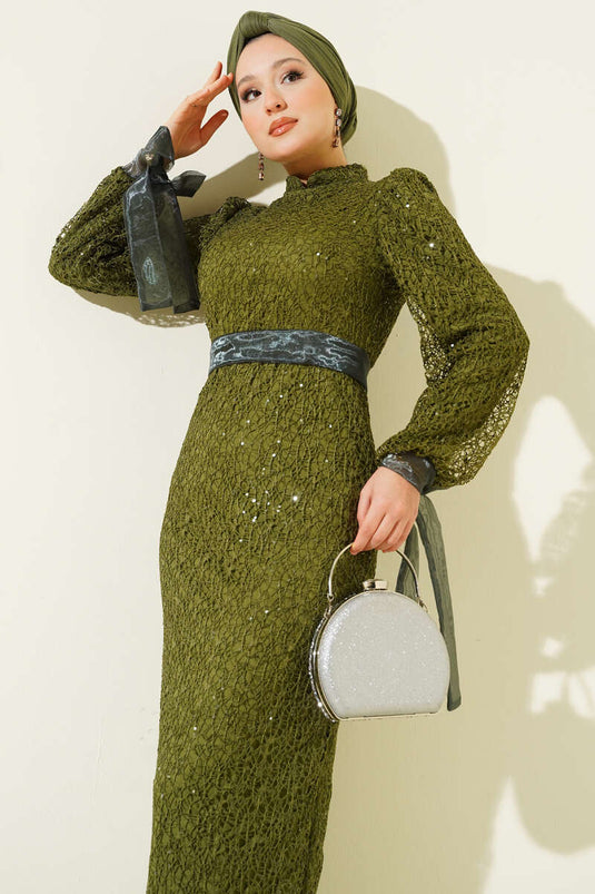 Sequin Evening Dress Khaki with Tulle Ankle Tie