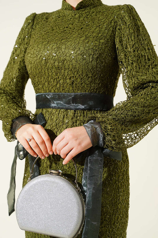 Sequin Evening Dress Khaki with Tulle Ankle Tie