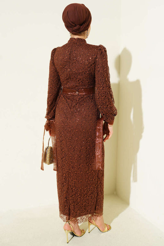 Sequin Evening Dress with Tulle Ankle Tie, Coffee