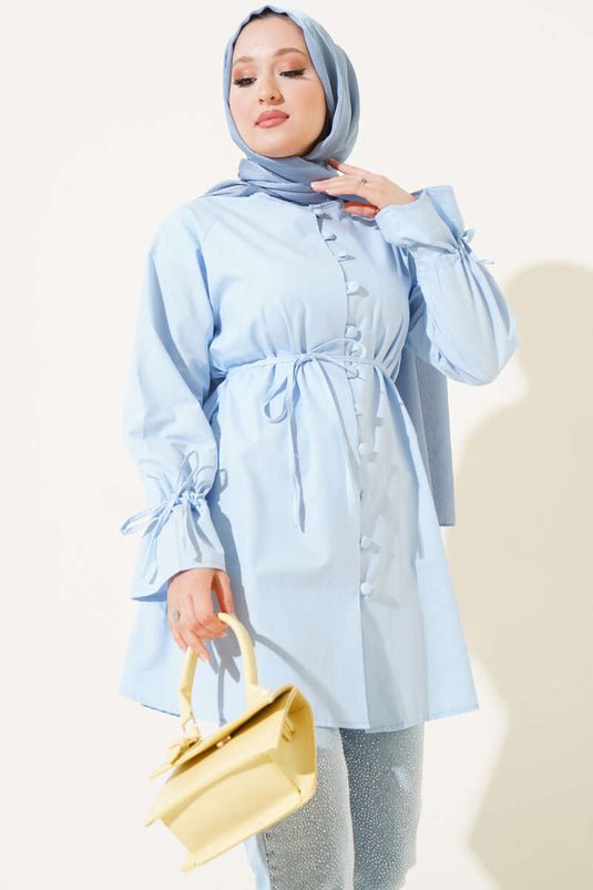 Bilek Tünelli Brit Düğmeli Gömlek Bebe Mavi