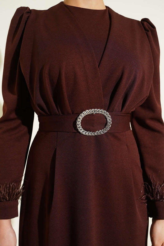 Ankle Feather Belted Evening Dress Brown